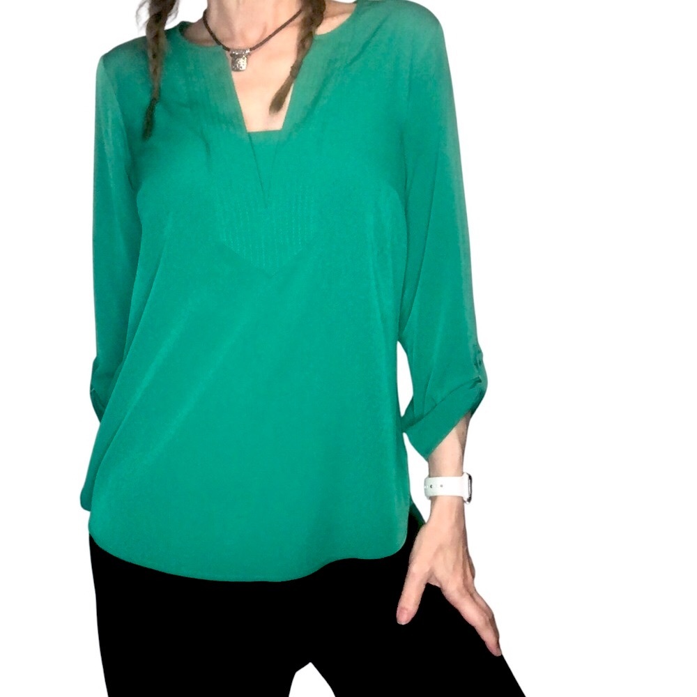 The Limited Office Career Blouse Kelly Green Sz S Split Neck Roll Tab Classic